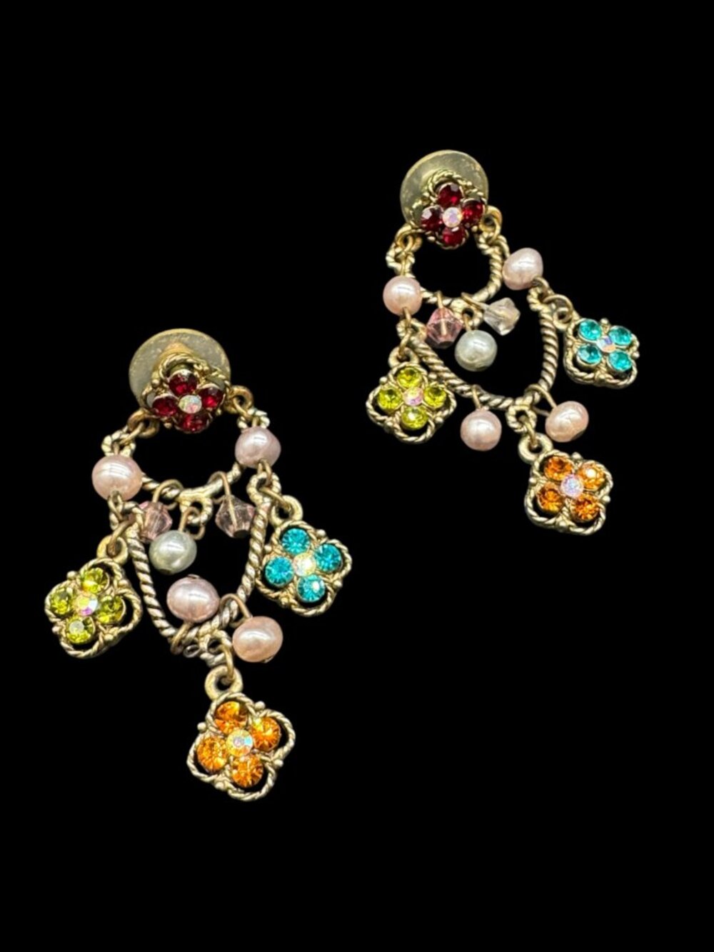 Vintage Pierced Earrings Chandelier Multicoloured Dangling Stones Gold Tone